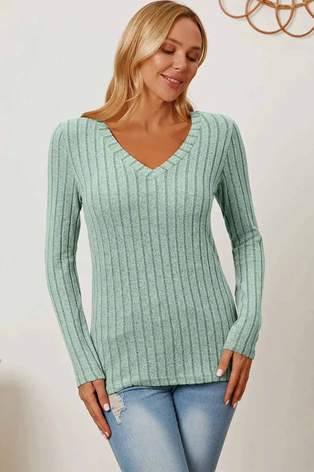 Basic Bae Full Size Ribbed V-Neck Long Sleeve T-Shirt - Love Salve